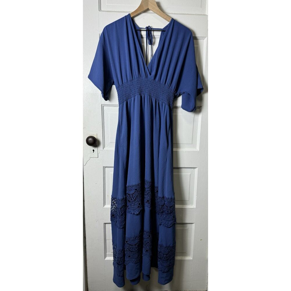 Olaesa- No Girl Left Behind -Blue BoHo Lace Maxi Dress Short Sleeve Size Medium